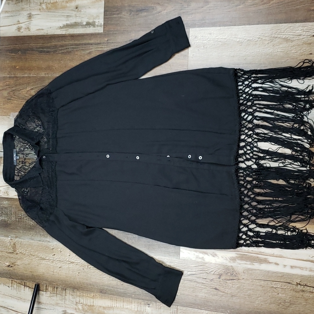 NWOT Miss Me Sheer W/Lace Black Button Down With Fringe Tassel Bottom Size Large